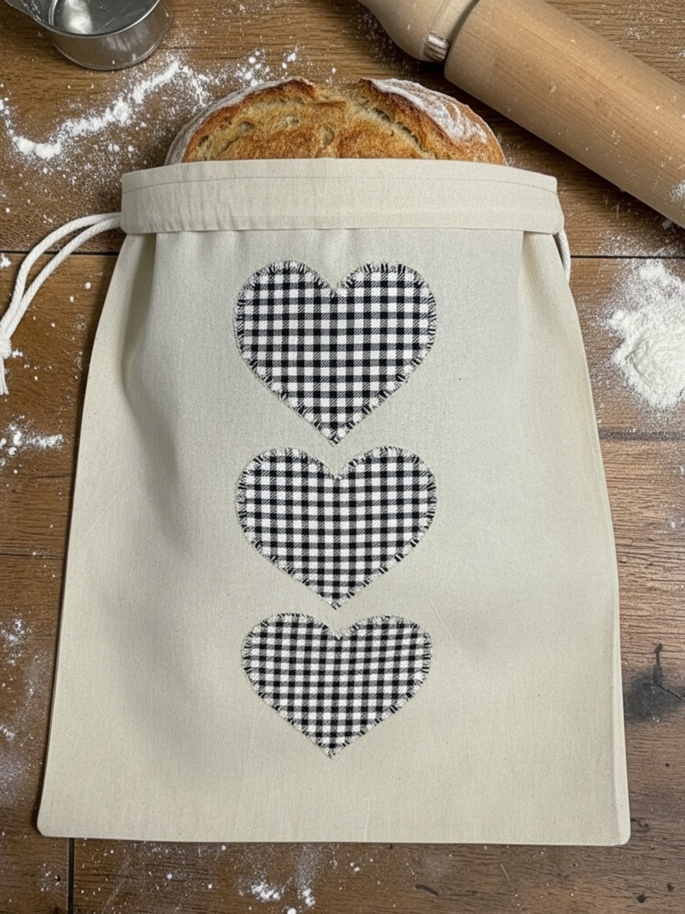 Farmhouse Black Checkered Appliqué Heart Muslin Bread Bag, Cotton Bread Keeper